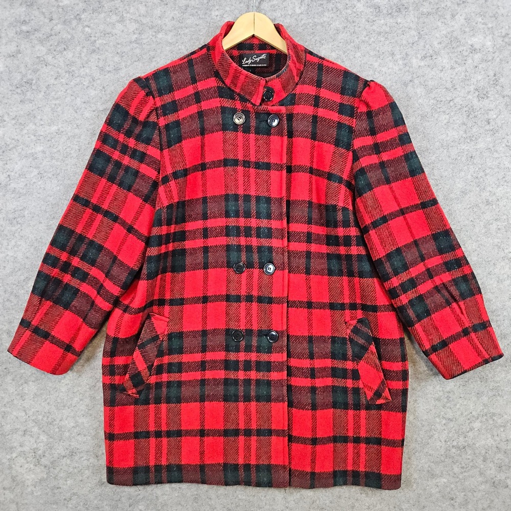 Lady Suzette Plaid Winter Coat Women's Red Green Black Size‎ XL Wool Blend FLAWS
